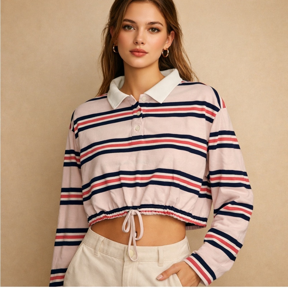 Chase Fame Cropped Striped Polo Long Sleeve Top – Size XL